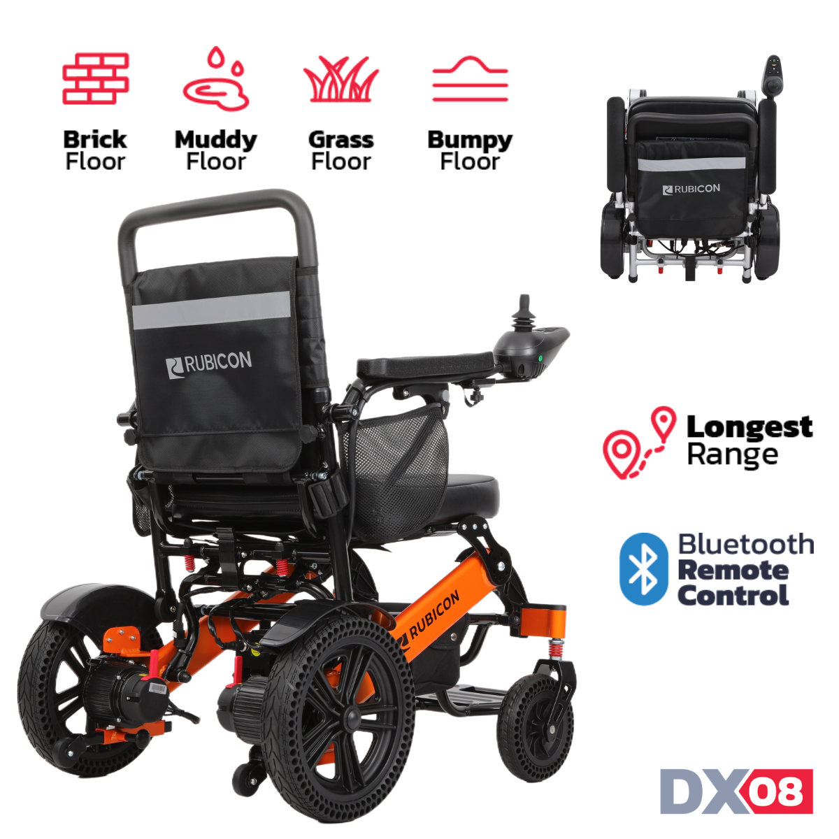 Rubicon DX08 - All Terrain & Heavy Duty Electric Wheelchair: Extra Durable, Long-Range, Foldable & Lightweight | Premium Dual Motor, Power Wheelchair