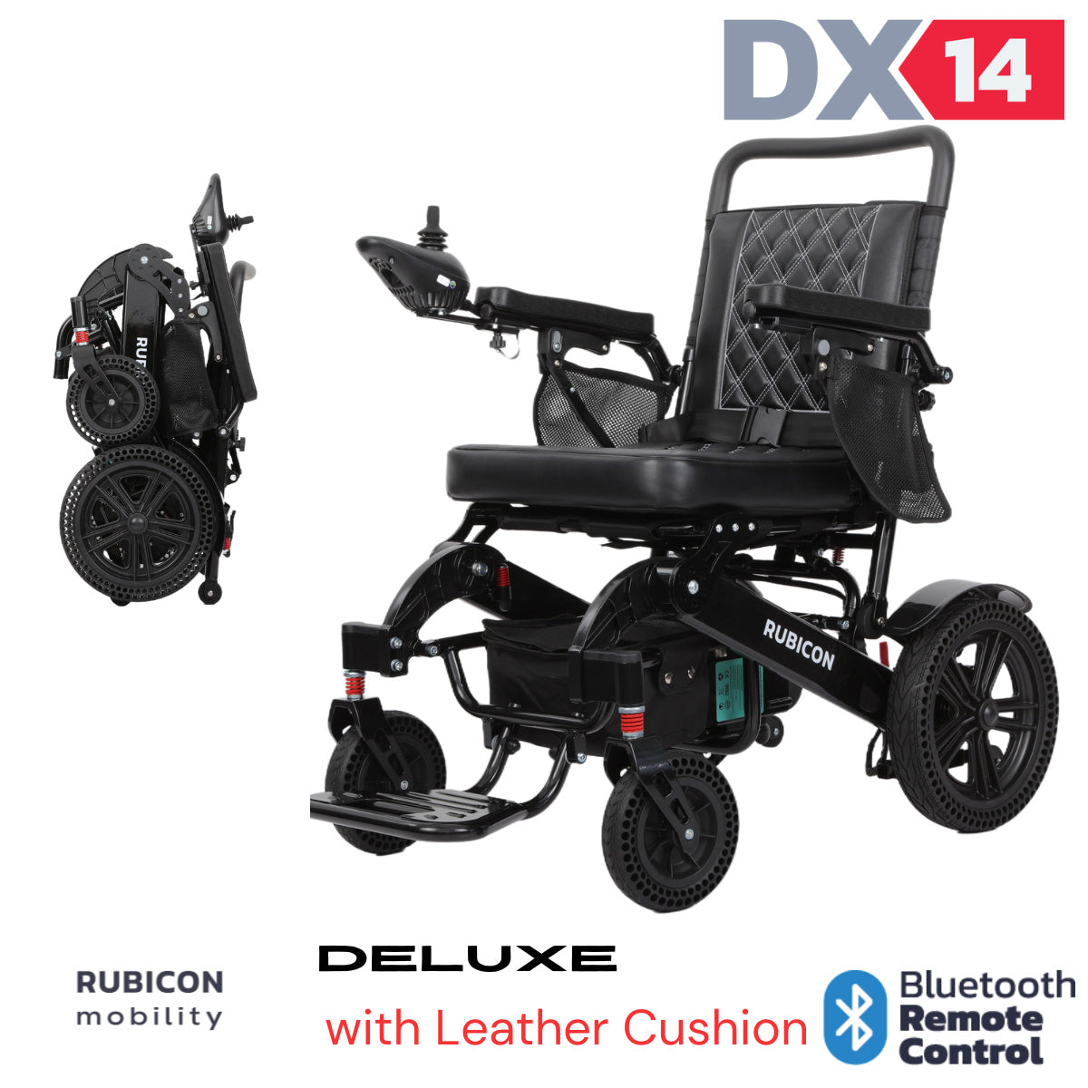 Rubicon DX14 – Longest Range Premium Electric Wheelchair: All-Terrain, Foldable & Airline Approved with Dual Motors, Bluetooth & Joystick