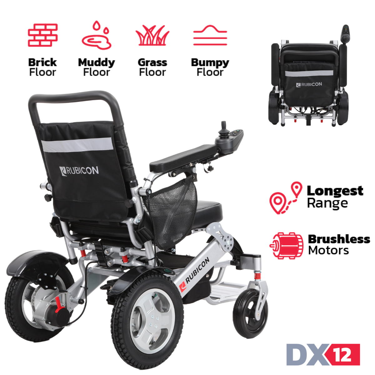 Rubicon DX12 - Deluxe Premium Electric Wheelchair with Brushless Dual Motors: High Quality, Long Range, Foldable | All Terrain Power Wheelchair