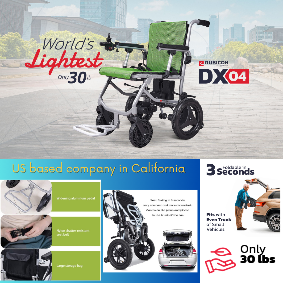 Rubicon DX04 - World's Lightest Electric Wheelchair: Ultra Lightweight, Foldable & Portable for Travel | Dual Motor, Power Wheelchair for Seniors