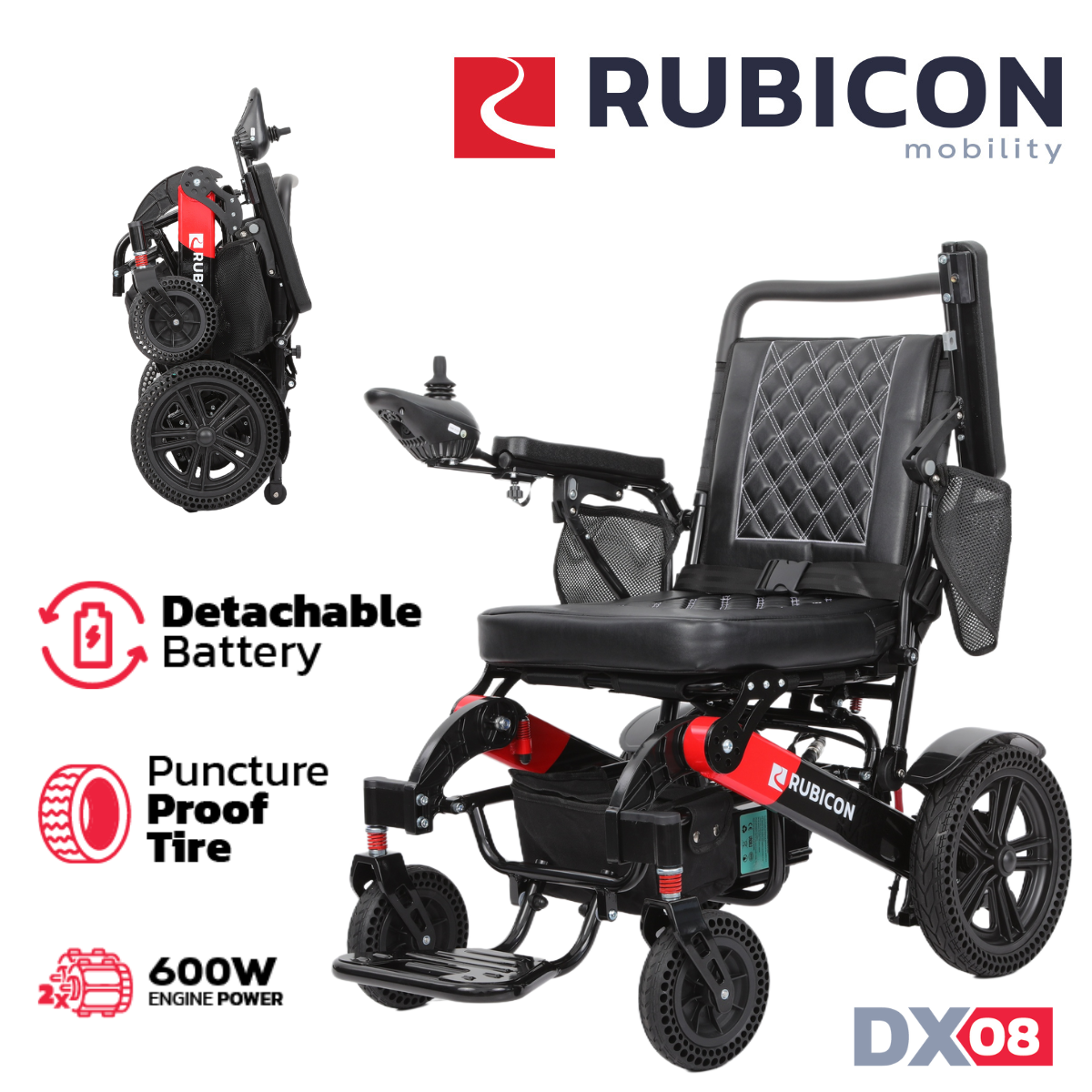 Rubicon DX08 - All Terrain & Heavy Duty Electric Wheelchair: Extra Durable, Long-Range, Foldable & Lightweight | Premium Dual Motor, Power Wheelchair