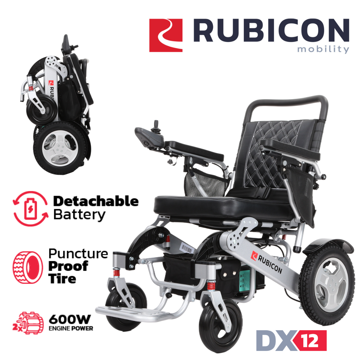 Rubicon DX12 - Deluxe Premium Electric Wheelchair with Brushless Dual Motors: High Quality, Long Range, Foldable | All Terrain Power Wheelchair