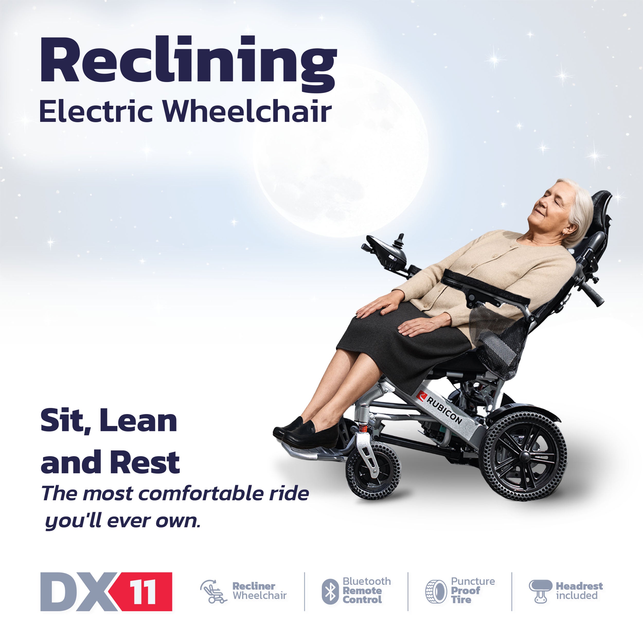 Rubicon DX11 - Reclining Electric Wheelchair with Adjustable Headrest: Foldable, Long Range, All Terrain & Heavy-Duty | Dual Motor Power Wheelchair
