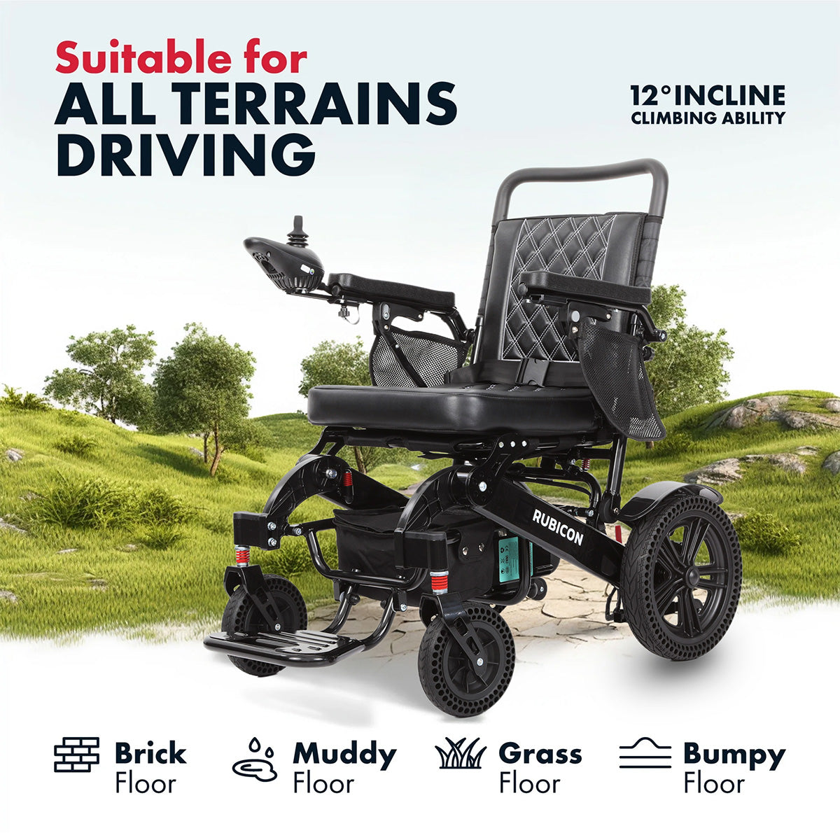 Rubicon DX14 – Longest Range Premium Electric Wheelchair: All-Terrain, Foldable & Airline Approved with Dual Motors, Bluetooth & Joystick