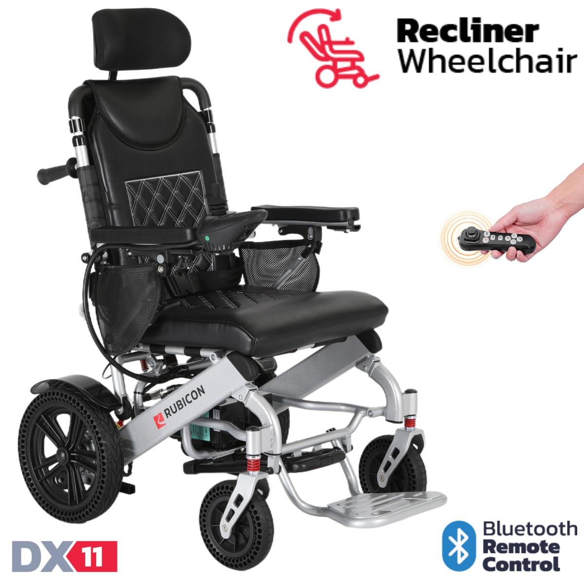 Rubicon DX11 - Reclining Electric Wheelchair with Adjustable Headrest: Foldable, Long Range, All Terrain & Heavy-Duty | Dual Motor Power Wheelchair