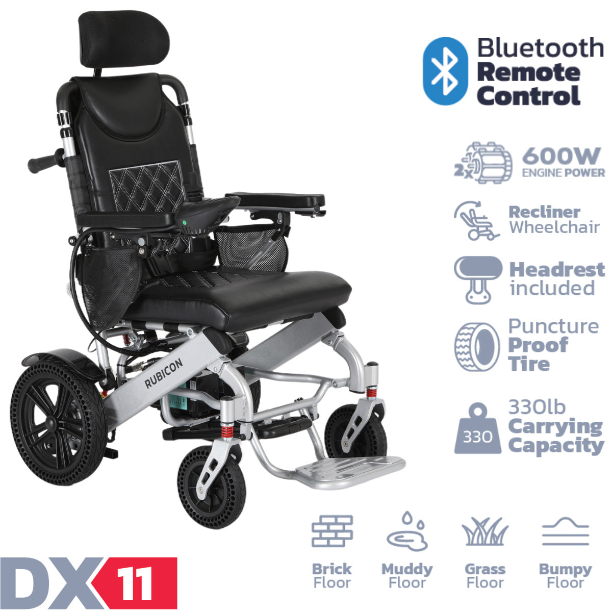 Rubicon DX11 - Reclining Electric Wheelchair with Adjustable Headrest: Foldable, Long Range, All Terrain & Heavy-Duty | Dual Motor Power Wheelchair