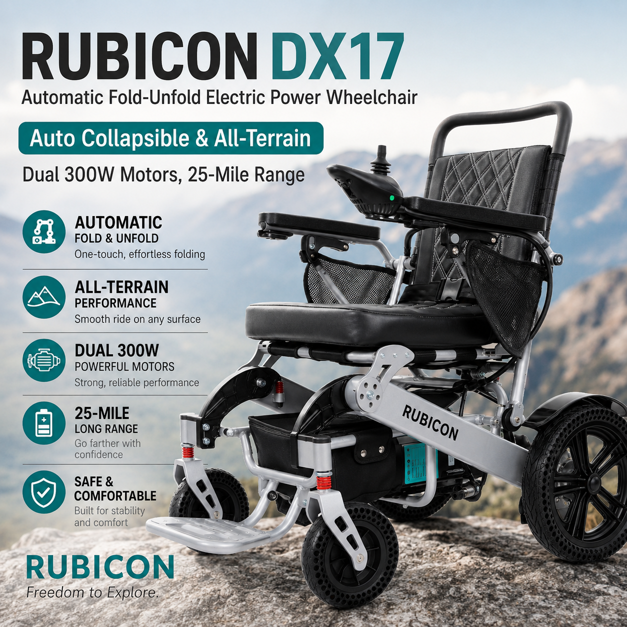 DX17 - Automatic Folding & Unfolding Portable Electric Wheelchair: Collapsible, Lightweight & All Terrain | Travel Friendly Power Wheelchair